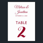 Simple modern white crimson red elegant wedding table number<br><div class="desc">Simple and elegant minimalist wedding table number card featuring a stylish crimson red script over a classic plain white background. Easily customisable with the bride and groom's names, the wedding date, and the table number. For further personalisation or custom orders, feel free to contact me at acherryonthecake@hotmail.com (please allow 1-2...</div>