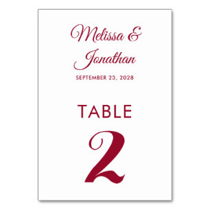 Simple modern white crimson red elegant wedding table number