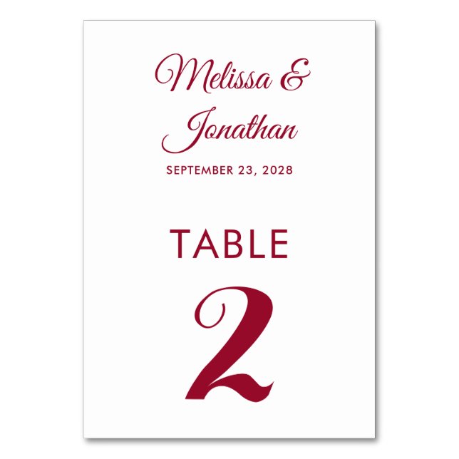 Simple modern white crimson red elegant wedding table number (Front)