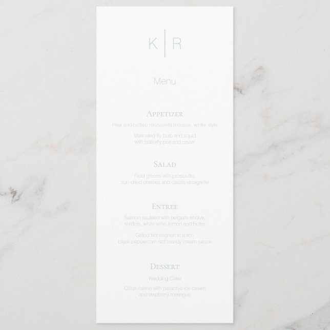 Simple Modern White Dusty Blue Wedding Menu Card (Front)