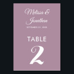 Simple modern white dusty purple elegant wedding table number<br><div class="desc">Simple and elegant minimalist wedding table number card featuring a stylish white script over a romantic dusty purple background. Easily customisable with the bride and groom's names, the wedding date, and the table number. For further personalisation or custom orders, feel free to contact me at acherryonthecake@hotmail.com (please allow 1-2 working...</div>