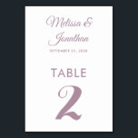Simple modern white dusty purple elegant wedding table number<br><div class="desc">Simple and elegant minimalist wedding table number card featuring a stylish dusty purple script over a classic plain white background. Easily customisable with the bride and groom's names, the wedding date, and the table number. For further personalisation or custom orders, feel free to contact me at acherryonthecake@hotmail.com (please allow 1-2...</div>