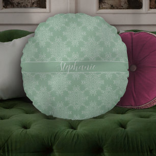 Simple Modern White Floral Damask Light Sage Round Cushion