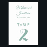 Simple modern white mint green elegant wedding table number<br><div class="desc">Simple and elegant minimalist wedding table number card featuring a stylish mint green script over a classic white background. Easily customisable with the bride and groom's names, the wedding date, and the table number. For further personalisation or custom orders, feel free to contact me at acherryonthecake@hotmail.com (please allow 1-2 working...</div>