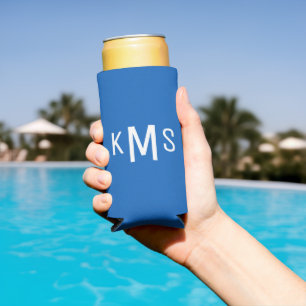 Simple Modern White Monogram Sapphire Blue Seltzer Can Cooler