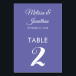 Simple modern white periwinkle elegant wedding  table number<br><div class="desc">Simple and elegant minimalist wedding table number card featuring a stylish white script over a romantic contemporary periwinkle purple background. Easily customisable with the bride and groom's names, the wedding date, and the table number. For further personalisation or custom orders, feel free to contact me at acherryonthecake@hotmail.com (please allow 1-2...</div>