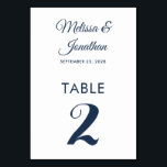 Simple modern white Prussian blue elegant wedding Table Number<br><div class="desc">Simple and elegant minimalist wedding table number card featuring a stylish dark blue script over a classic white background. Easily customisable with the bride and groom's names, the wedding date, and the table number. For further personalisation or custom orders, feel free to contact me at acherryonthecake@hotmail.com (please allow 1-2 working...</div>