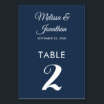 Simple modern white Prussian blue elegant wedding Table Number<br><div class="desc">Simple and elegant minimalist wedding table number card featuring a stylish white script over a classic Prussian blue background. Easily customisable with the bride and groom's names, the wedding date, and the table number. For further personalisation or custom orders, feel free to contact me at acherryonthecake@hotmail.com (please allow 1-2 working...</div>
