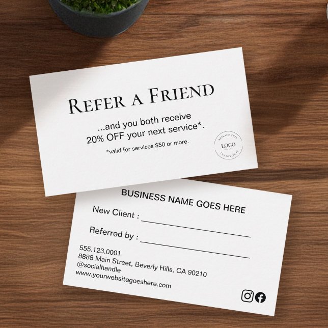 Simple Modern White Refer a Friend Custom Loyalty Card (Custom refer a friend business cards with social handle, logo, discount offer, fillable names.)