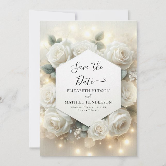 Simple Modern White Roses Wedding Save The Date (Front)