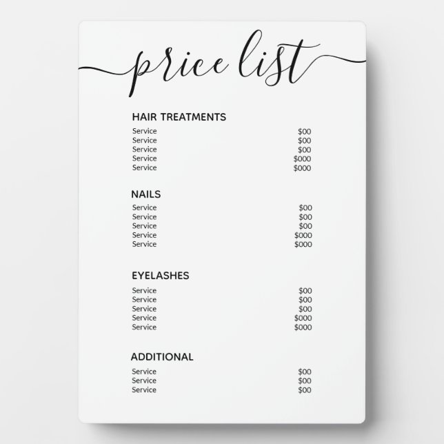 Simple Modern White Salon Price List Service Menu Plaque (Front)