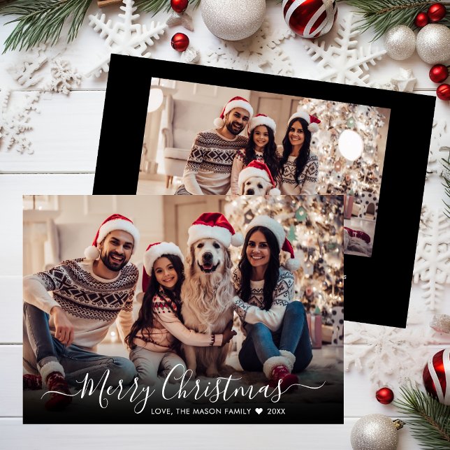 Simple Modern White Script 2 Photo Christmas Holiday Card (Creator Uploaded)