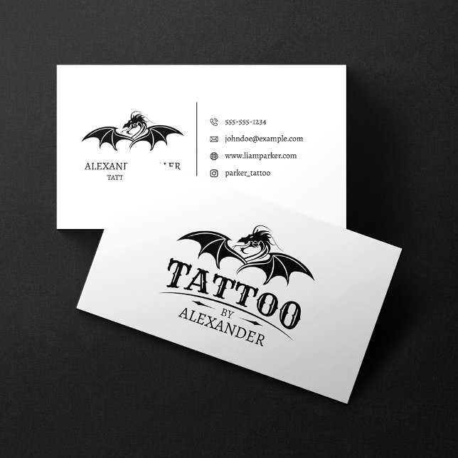 Simple & Modern White Tattoo Artist Shop Dragon Business Card (Creator Uploaded)