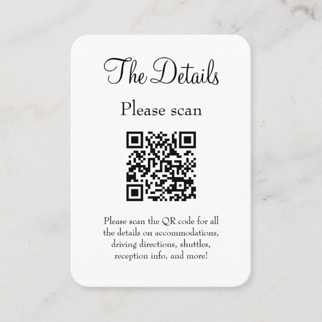 Simple Modern White Wedding Details with QR Code Enclosure Card (Front)