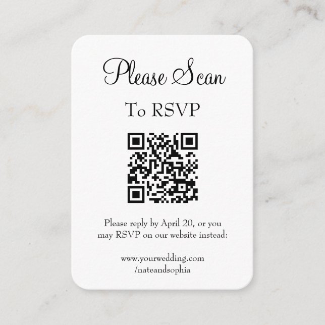 Simple Modern White Wedding Scan QR Code Enclosure Card (Front)