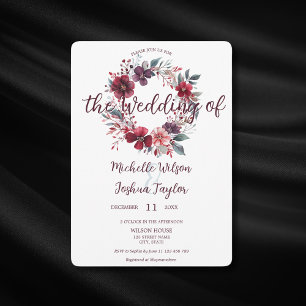 Simple modern winter burgundy floral wreath invitation
