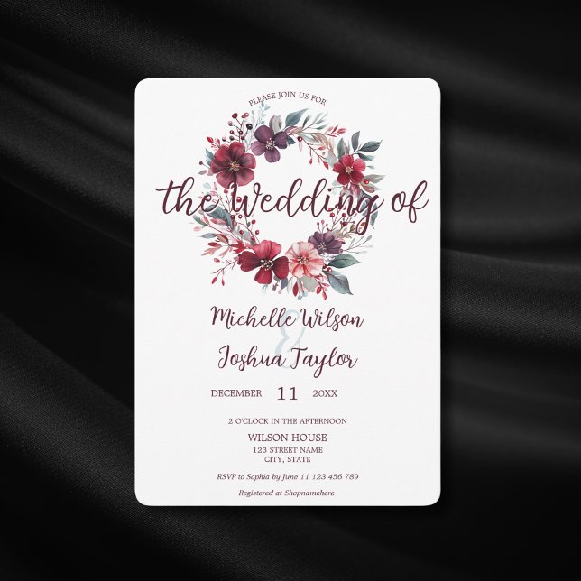 Simple modern winter burgundy floral wreath  invitation (Creator Uploaded)
