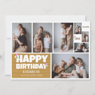 Simple Modern Wood Birthday Stylish Photo Collage Card