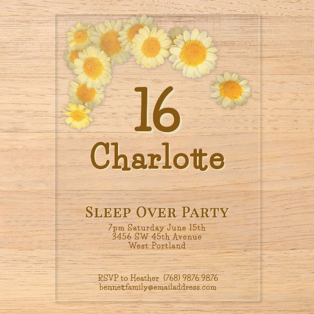 Simple Modern Yellow Daisy 16th Birthday Party  Acrylic Invitations (Front)