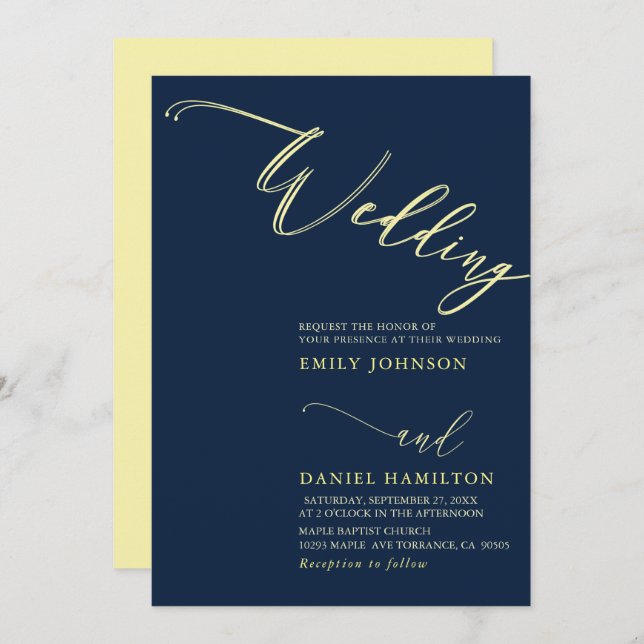 Simple Modern Yellow  Navy Calligraphy Wedding Invitation (Front/Back)