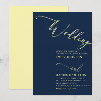 Simple Modern Yellow  Navy Calligraphy Wedding Invitation