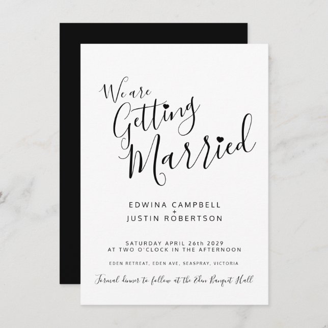 Simple mono black script text on white wedding invitation (Front/Back)