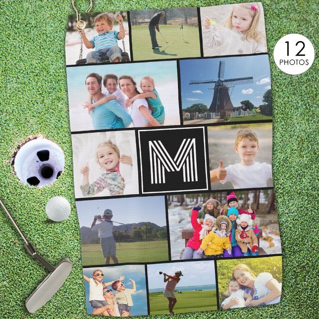 Simple Monogram 12 Photo Collage Custom Golf Towel (Creator Uploaded)
