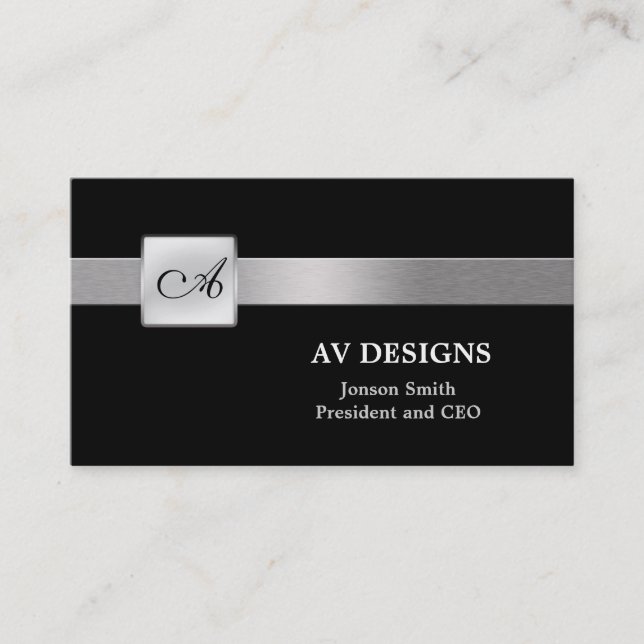 Simple Monogram Black and Silver Business Card (Front)