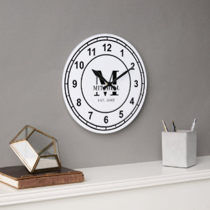 Simple Monogram Black and White Custom Family Name Large Clock