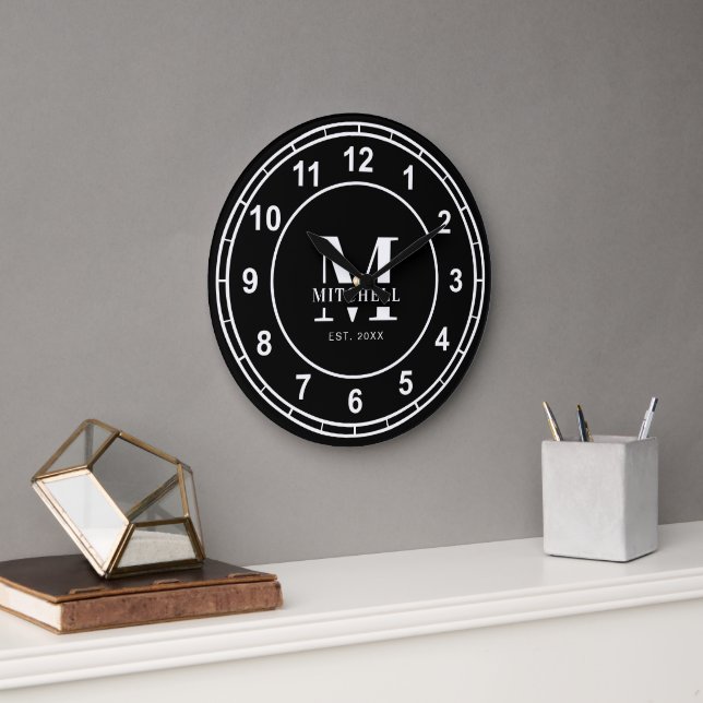 Simple Monogram Black and White Custom Family Name Large Clock (Office)