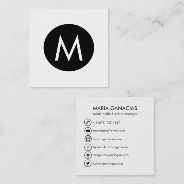 Simple Monogram Black and White Social Media Square Business Card (Front/Back)