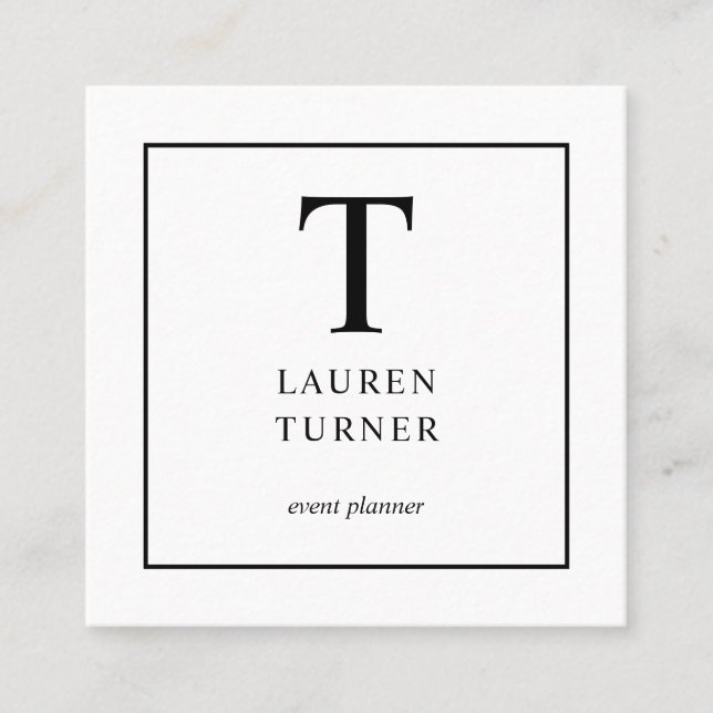 Simple Monogram Black and White Square Business Card (Front)