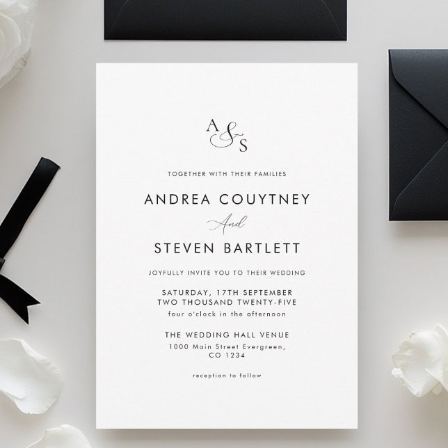 Simple Monogram Black and White Wedding Invitation (Creator Uploaded)
