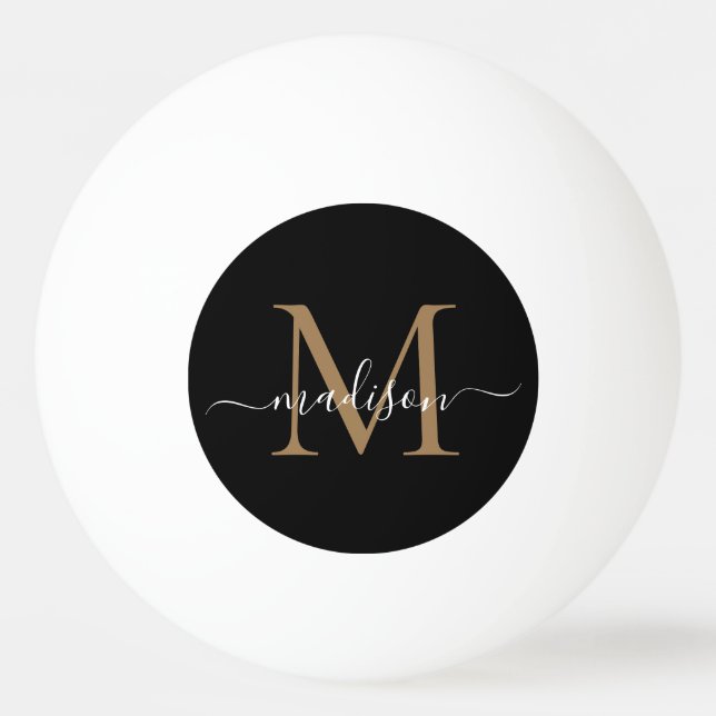 Simple Monogram Black Gold Elegant Girly Script Ping Pong Ball (Front)