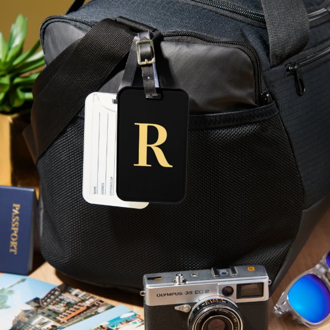 Simple Monogram Black Gold Luggage Tag (Front & Back)