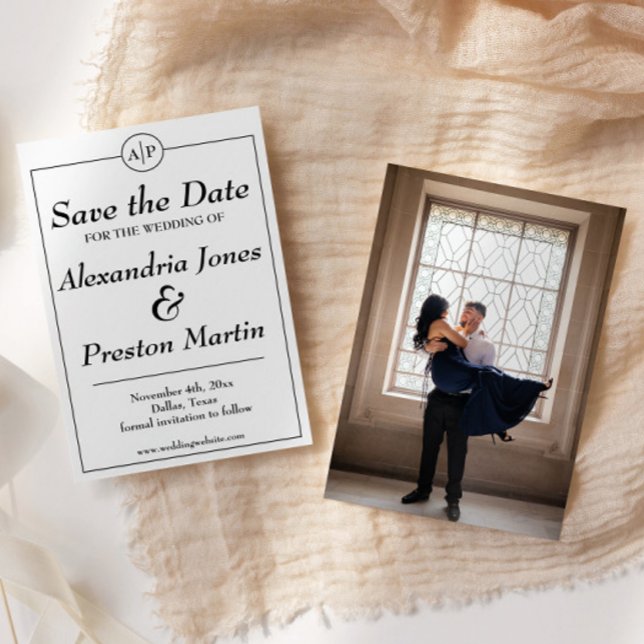 Simple Monogram Black & White Photo Save the Date (elegant black and white formal monogram save the date with engagement photo on back)