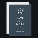 Simple Monogram Blue Save The Date<br><div class="desc">Announce your engagement with this modern save the date card. It features a mix of classic and script typography in white over a solid dark blue background. Enter the bride and groom's monogram in the centre of a crest. All the colours can be customised to suite your wedding colour scheme....</div>