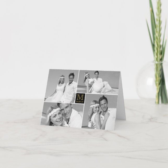 Simple Monogram Box 4 Multi Photo Modern Wedding Thank You Card (Front)