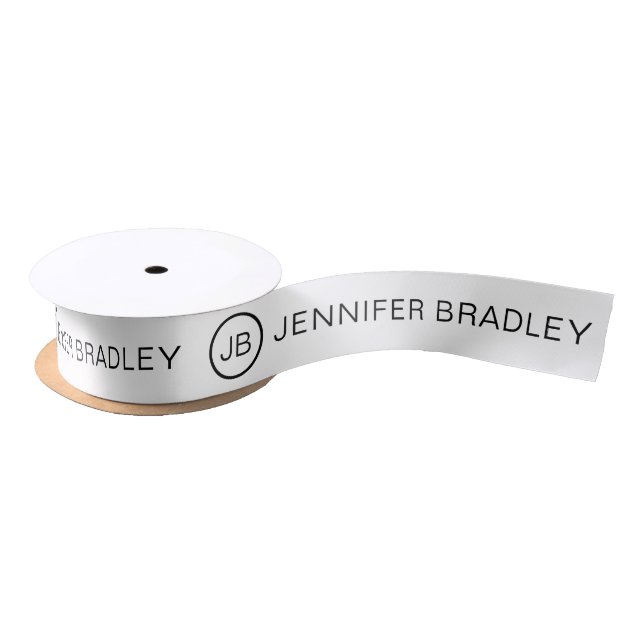 Simple Monogram Custom Name Black and White Satin Ribbon (Spool)