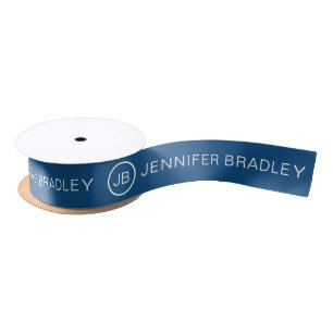 Simple Monogram Custom Name Blue and White Satin Satin Ribbon