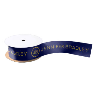 Simple Monogram Custom Name Blue Gold Satin Ribbon