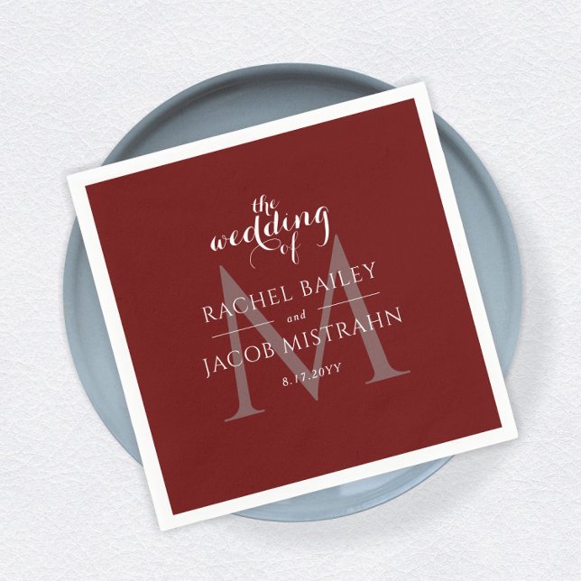 Simple Monogram Dark Red Christmas Wedding Napkin (Creator Uploaded)