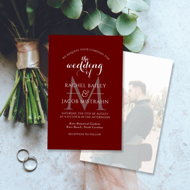 Simple Monogram Dark Red Photo Wedding Invitation (Creator Uploaded)