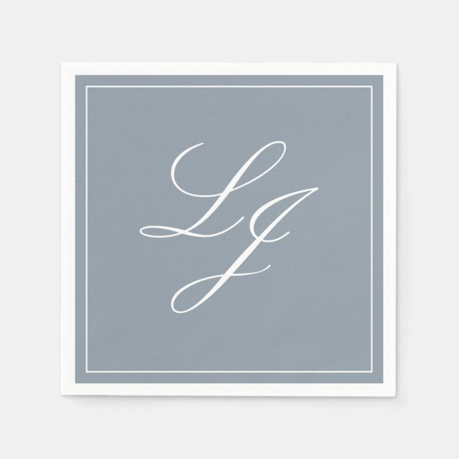 Simple Monogram Dusty Blue Elegant Script Wedding Napkin (Front)