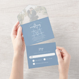 Simple Monogram Dusty Blue Photo Wedding All In One Invitation