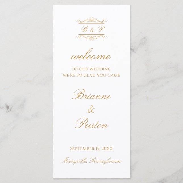 Simple Monogram Elegant Gold Script Wedding Programme (Front)