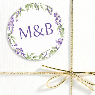 Simple Monogram Elegant Purple Floral Wedding Classic Round Sticker