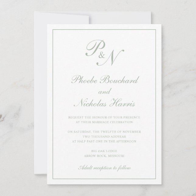 Simple Monogram Elegant Sage All In One Wedding Invitation (Front)