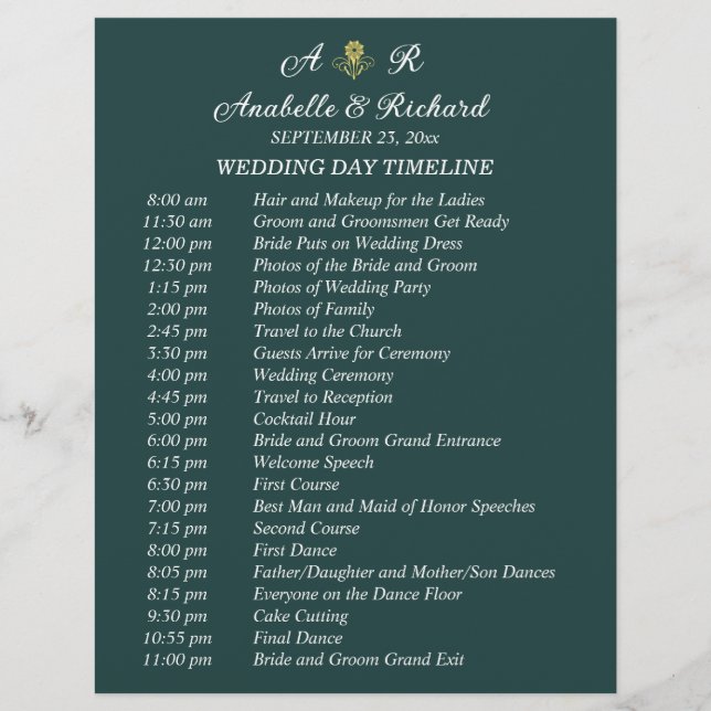 Simple Monogram Elegant Wedding Timeline Flyer (Front)