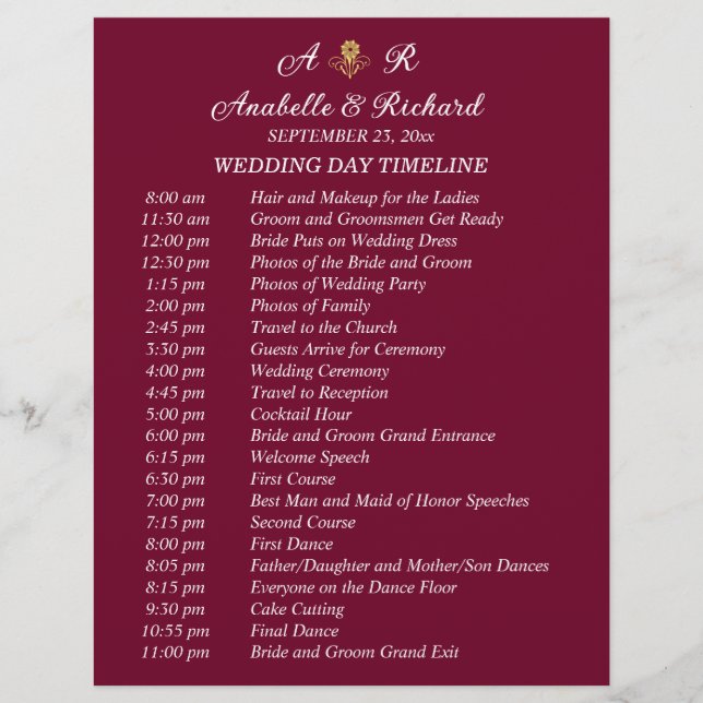Simple Monogram Elegant Wedding Timeline Flyer (Front)